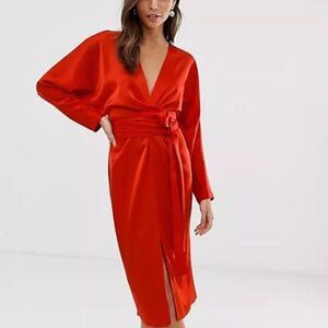 Asos Design Satin Midi Dress with Batwing Sleeve and Wrap Waist Red Size Us 12